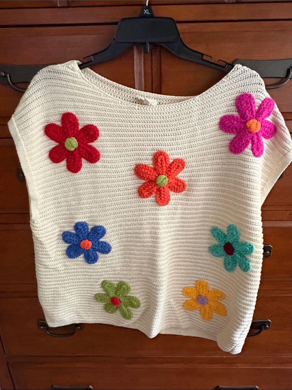 BiBi Cream Crochet Vest with Orange and Green Floral Detail